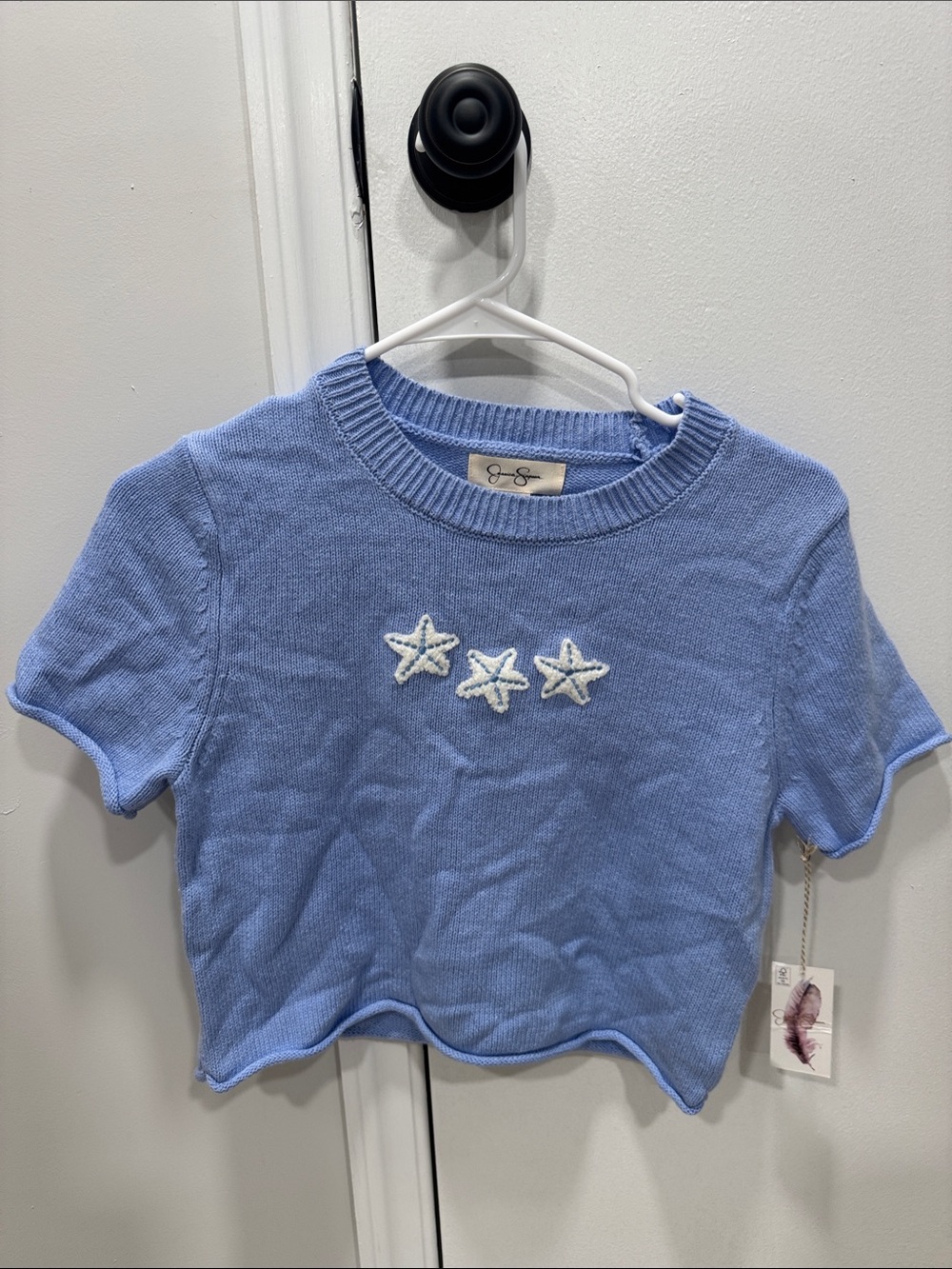 Cute Blue Star Embroidered Knit Top